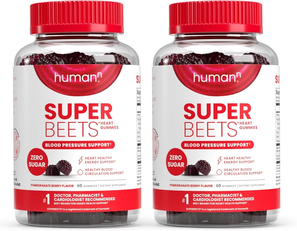 humanN SuperBeets Heart Gummies - Beet Gummy με Heart-Healthy Energy Support, Grape Seed Extract & Beetroot Powder, Sugar Free - Ρόδι με γεύση μούρου, 120 Count
