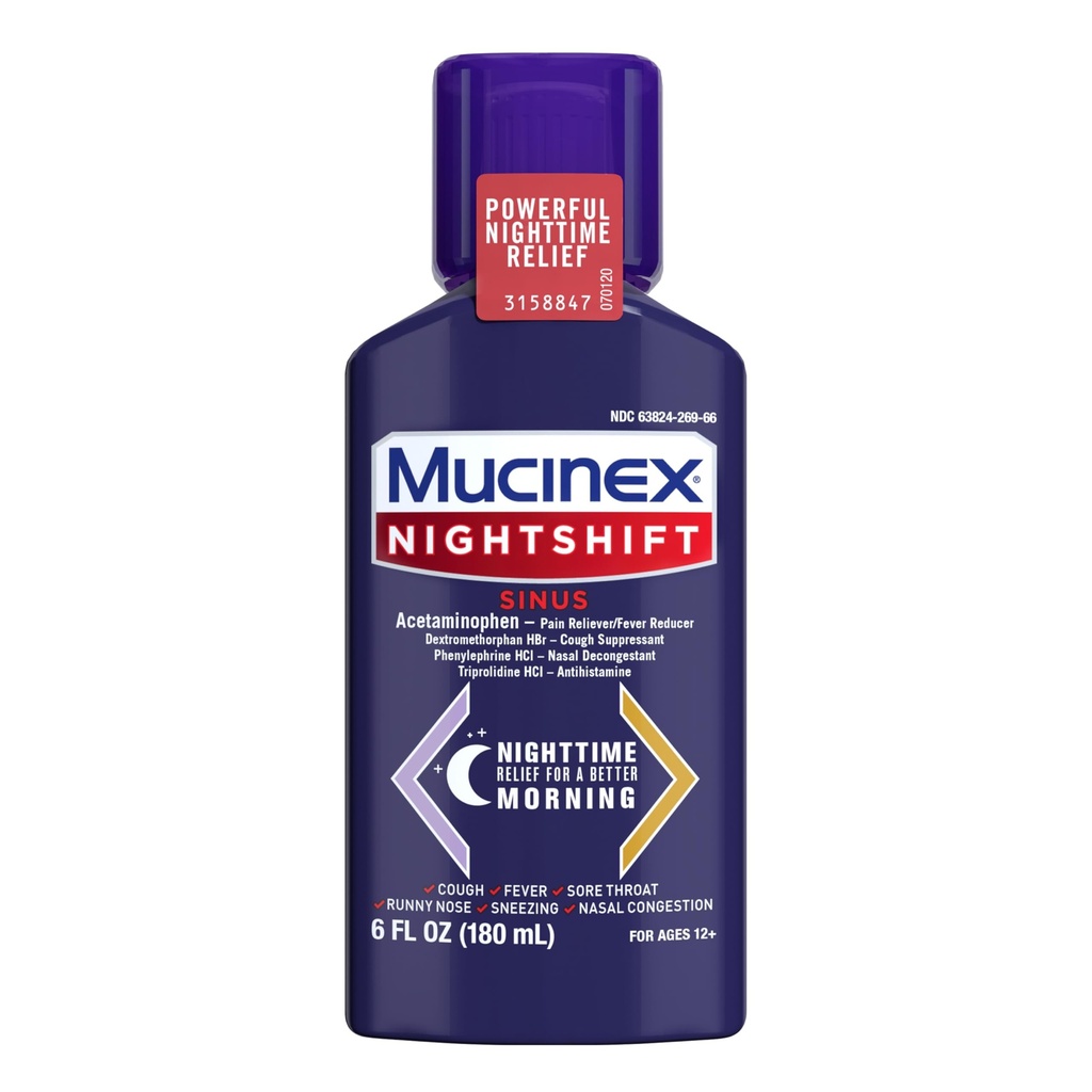 Mucinex Nightshift Sinus, Κρύο και γρίπη Βήχας Ιατρική για ενήλικες, Ισχυρή nighttime Sinus Medicine για την ανακούφιση του κόλπου, Sore Lroat Relief, βήχα Suppressant & Nasινικό αποσυμφορητικό για ενήλικες, 6 Fl Oz