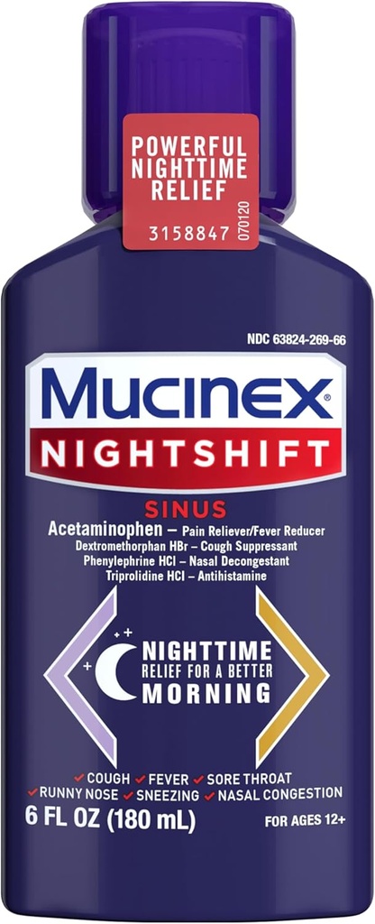 Mucinex Nightshift Sinus, Cold And Flu Cough Medicine For Adults, Powerful Nighttime Sinus Medicine For Sinus Relief, Sore Throat Relief, Cough Suppressant & Nasal Decongestant For Adults, 6 Fl Oz
