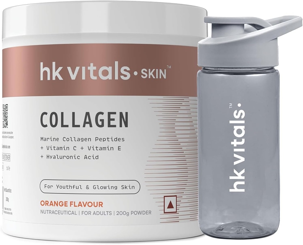 Heal;thKart hk Vitals Marine Collagen Supplement (Orange, 200g) & Sipper Bottle (Grey, 300ml) Combo Pack 