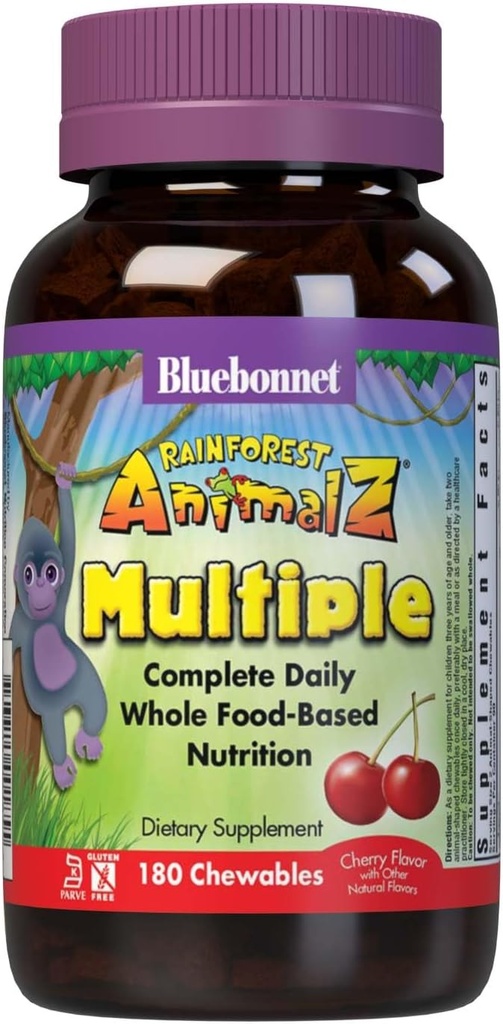 Bluebonnet Nutrition Rainforest Animalz Ολόκληρα τα τρόφιμα με βάση πολλαπλές μασώμενα δισκία, παιδιά πολυβιταμίνη & Ορυκτά, βιταμίνη C, D3, σίδηρος, χωρίς γλουτένη, γάλα δωρεάν, Kosher, 180 Μασώμενα δισκία, κεράσι άρωμα
