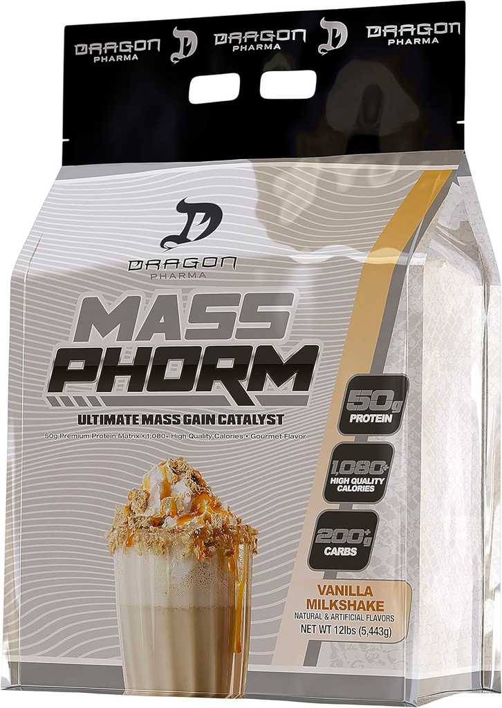 DRAGON PHARMA Mass Phorm, Ultimate Mass Gain Catalyst, 50g Protein Matrix, 200g Complex Carbohydrates, Πάνω από 1.000 θερμίδες ανά υπηρεσία (20 υπηρεσίες, Vanilla Milkshake)