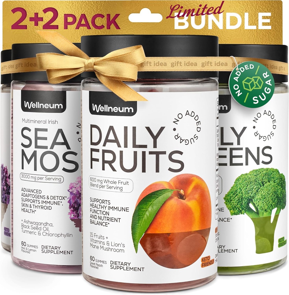 Super Fruit Super Greens and Sea Moss Gummies Bundle - Fruits Blend, Greens Blend, Irish Sea Moss, Bladderwrack - Detox, Nutrient Balance, Immunity Support, Thyriod Health - for Men and Women
