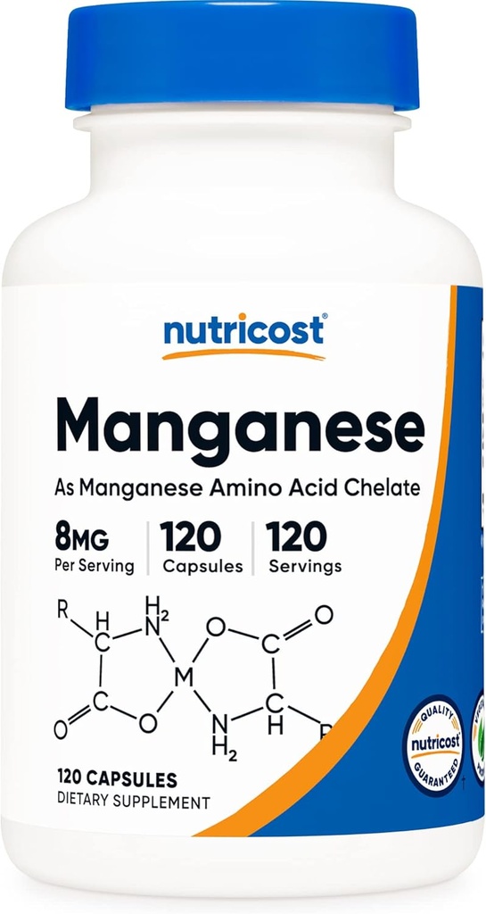 Nutricost Chelated Manganese Supplement 8mg, Amino Acid Chelate, 120 κάψουλες, 120 σέρβις - Χωρίς γλουτένη, μη-GMO και χορτοφάγους Φιλικούς