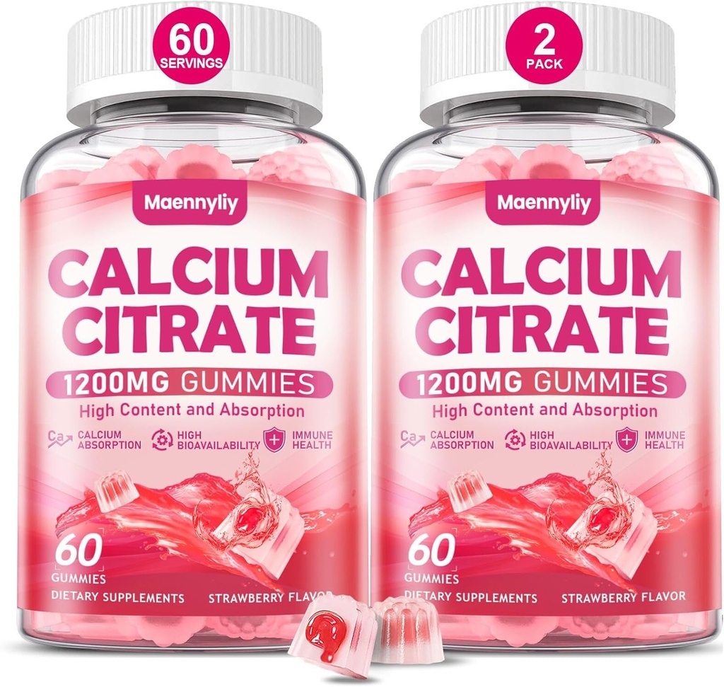 Citrate Gummies Ασβέστιο 1200 mg για Ενήλικες: Ultimate Απορρόφηση Συμπλήρωμα ασβεστίου για Γυναίκες & Άνδρες - Easy to Digest, Vegan, Non-GMO, Gluten Free - Φυσικό άρωμα φράουλας