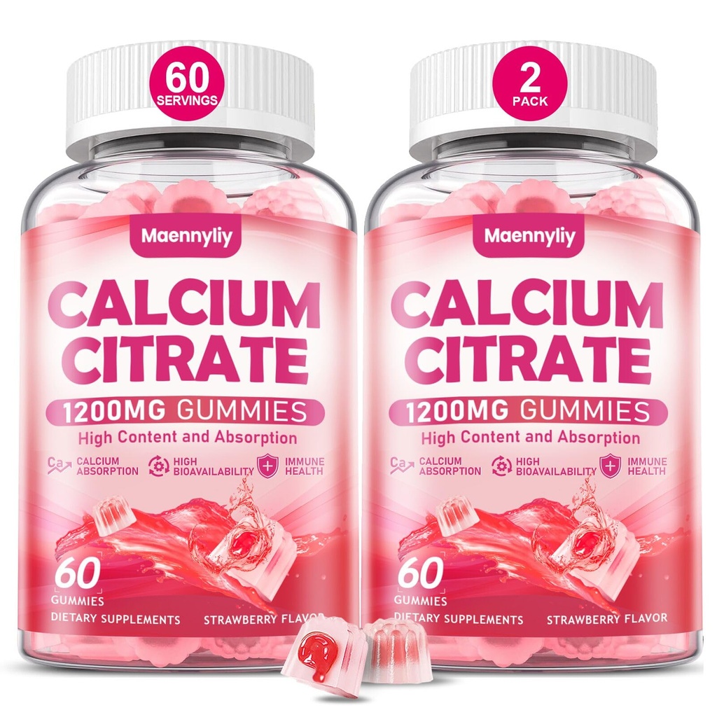 Citrate Gummies Ασβέστιο 1200 mg για Ενήλικες: Ultimate Απορρόφηση Συμπλήρωμα ασβεστίου για Γυναίκες & Άνδρες - Easy to Digest, Vegan, Non-GMO, Gluten Free - Φυσικό άρωμα φράουλας