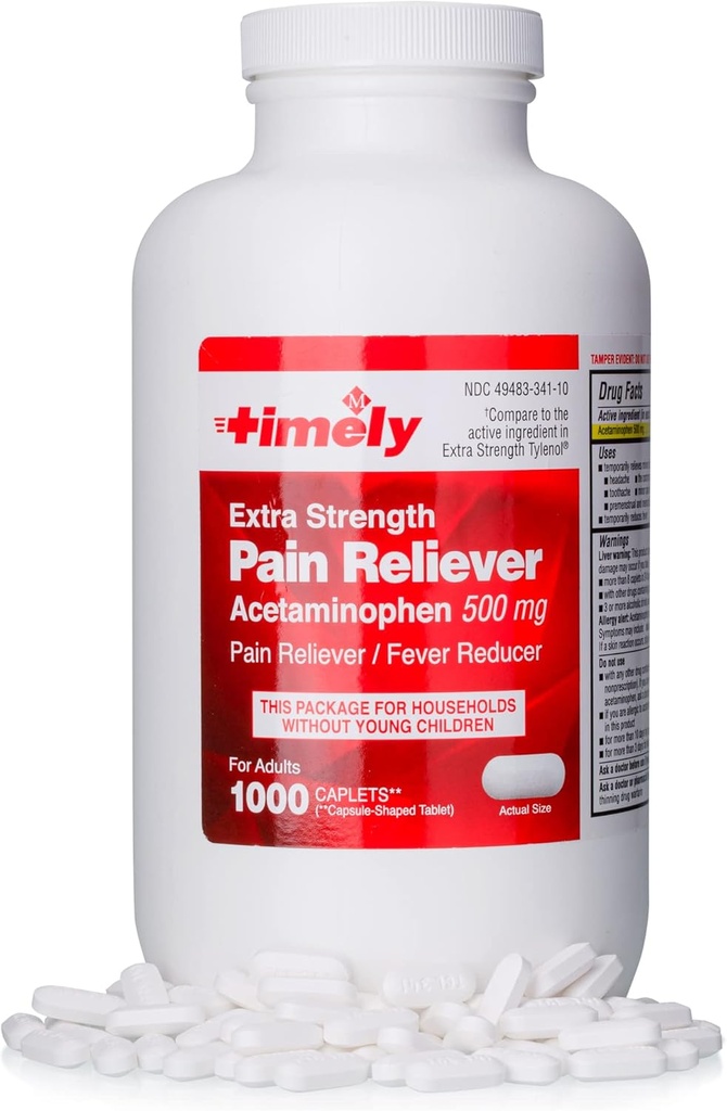 Timely Acetaminophen 500 MG Tablets 1000 Count - Extra Strength Pain Relief - Σε σύγκριση με το δραστικό συστατικό του Extra Strength Tylenol - Εμμηνορρυχεία Καταρράκτης, Πυρετός Μειωτής, Μικρός Πόνος της Αρθρίτιδας