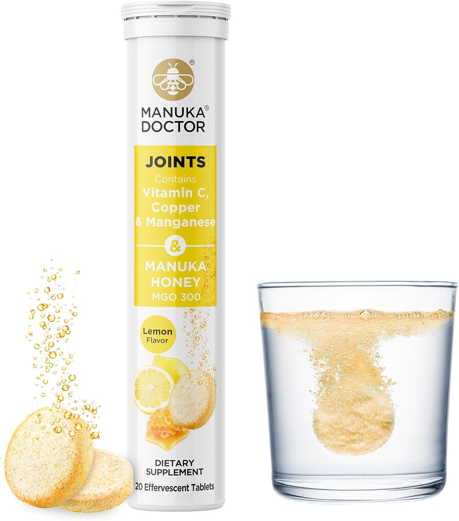 Manuka Doctor Joints* Daily Joint Support Supplement with Manuka Honey, Vitamin C, Copper & Manganese to Promote Joint Health, Lemon Flavor, 20 Effervescent Tablets