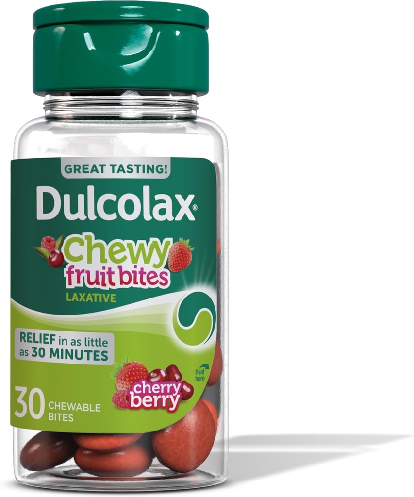 Dulcolax Laxative Chewy Fruit Bites, Laxative & Gentle Constipation Relief, Cherry Berry Flavor, Magnesium Hydroxide 600 mg, 30 Count