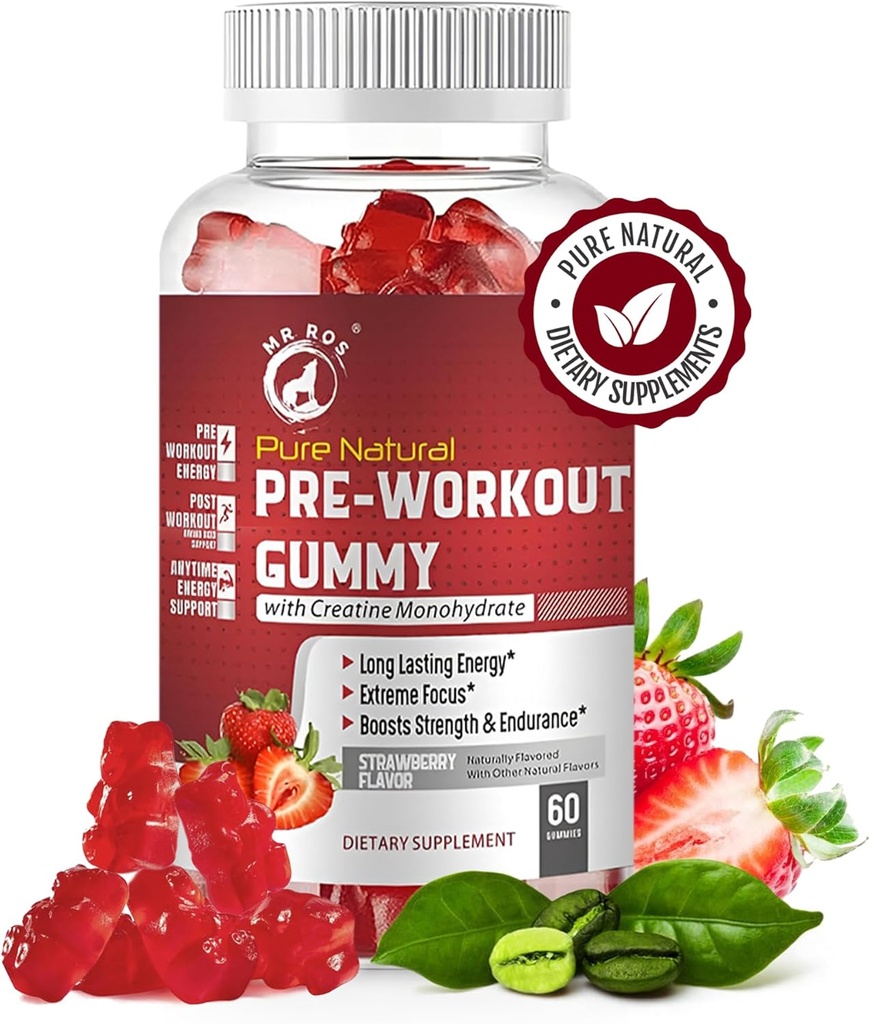 Αμιγώς φυσικές προ-ασκήσεις Gummies με Creatine Monohydrate & Green Coffee Bean Extract - Ενέργεια, εστίαση, ενίσχυση αντοχής, άρωμα φράουλας, 60 Gummies