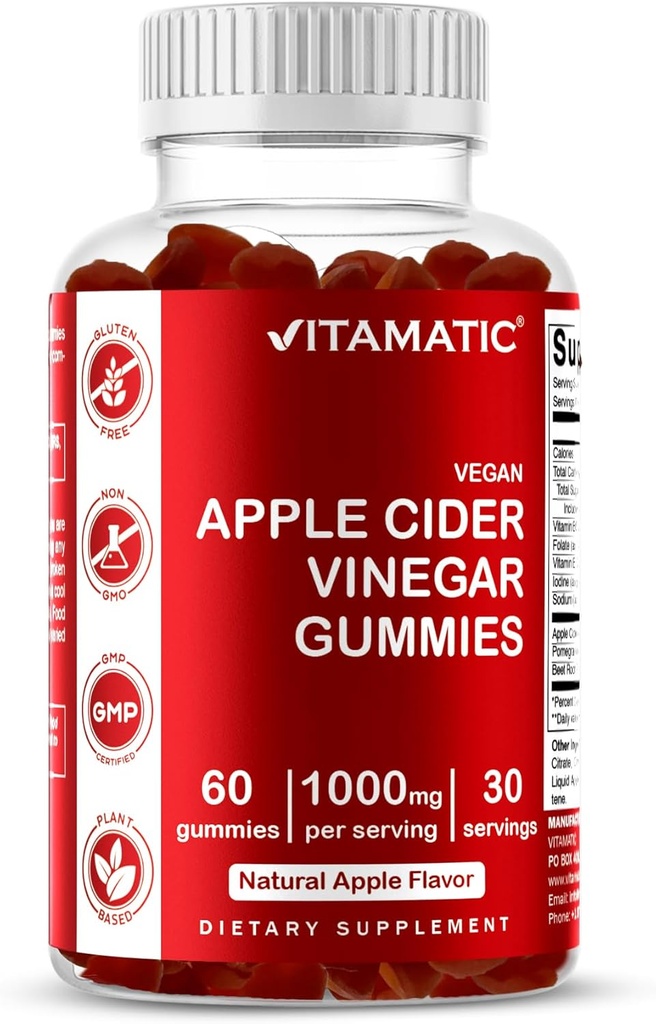 Vitamatic Apple Cider Vinegar Gummies - 1000mg per Serving - 60 Vegan Gummies - ACV Gummies για Detox, Υποστήριξη απώλειας βάρους, Ενίσχυση ενέργειας, Digestion & Gut Υγεία