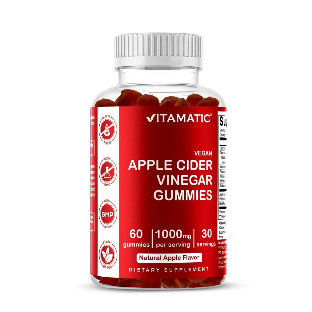 Vitamatic Apple Cider Vinegar Gummies - 1000mg per Serving - 60 Vegan Gummies - ACV Gummies για Detox, Υποστήριξη απώλειας βάρους, Ενίσχυση ενέργειας, Digestion & Gut Υγεία