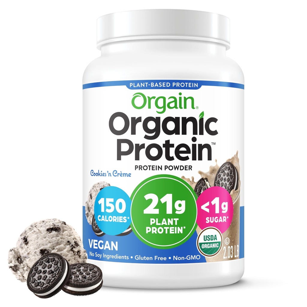 Orgain Organic Vegan Protein Powder, Cookies & Cream - 21g Πρωτεΐνη με βάση το φυτό, 7g Προβιοτικές Ίνες, Χαμηλό Καθαρό Καρβίδιο, Χωρίς Συστατικά Λακτόζης, Χωρίς Προστιθέμενη Ζάχαρη, Μη-ΓΤΟ, Για Ανακινήσεις & Smoothies, 2,03 lb