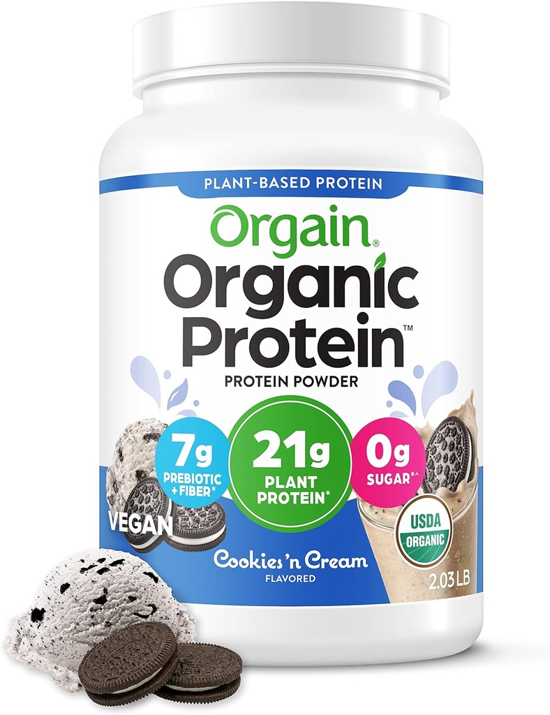 Orgain Organic Vegan Protein Powder, Cookies & Cream - 21g Plant Based Protein, 7g Prebiotic Fiber, Low Net Carb, No Lactose Ingredients, No Added Sugar, Non-GMO, For Shakes & Smoothies, 2.03 lb