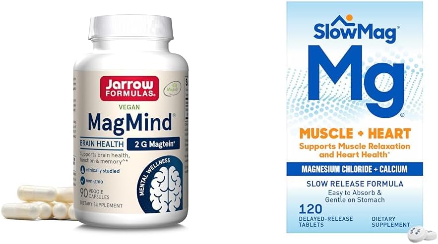 Jarrow Formulas MagMind Brain Health with Magtein (Magnesium L-Θρεονικό) & SlowMag Μύες + Χλωριούχο μαγνήσιο καρδιάς με συμπλήρωμα ασβεστίου