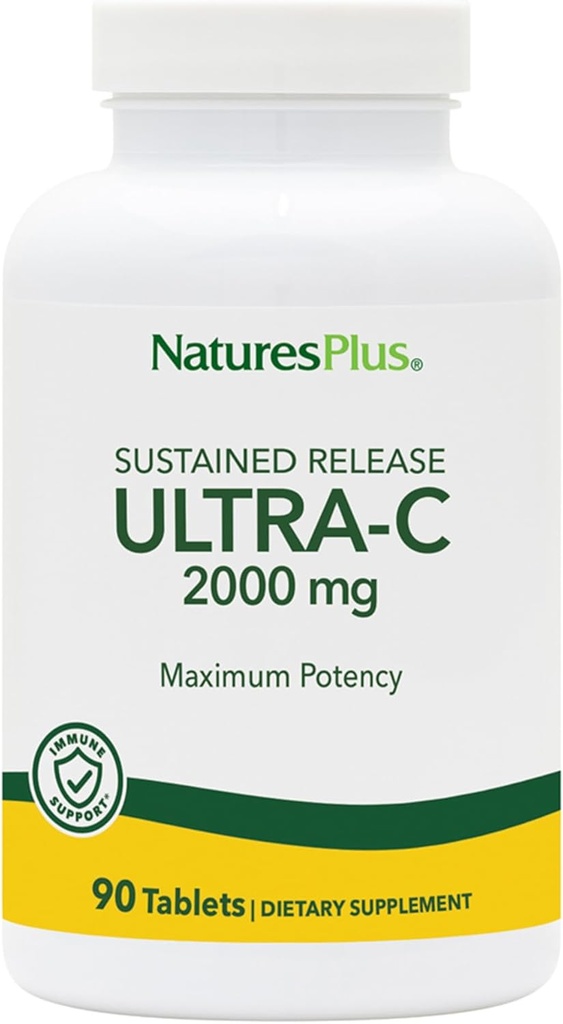 NaturesPlus Ultra- C 2000 mg - 90 δισκία, Συσκευασία των 2 - Βιταμίνη C με Rose HIPS - Ανοσοποιητική & Αντιοξειδωτική Υποστήριξη - Χορτοφαγική, Χωρίς Γλουτένη - 180 Σερβιέτες
