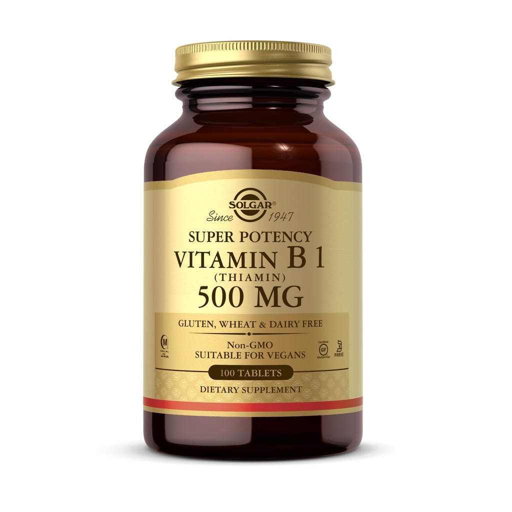 Solgar Vitamin B1 (Thiamin) - 100 Tablets - Super Potency, 500mg Formula - Μη ΓΤΟ, Vegan, Χωρίς γλουτένη, Kosher, Hanal - 100 Servings