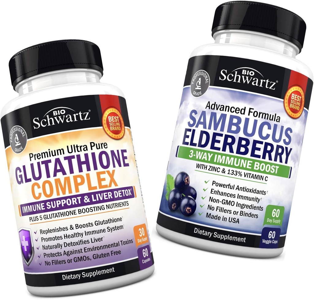Glutathione Complex with Milk Thistle Extract, Vitamin C & Quercetin + Sambucus Elderberry Capsules with Zinc & Vitamin C - Natural Antioxidant Formulas - Promotes Liver & Immune Support