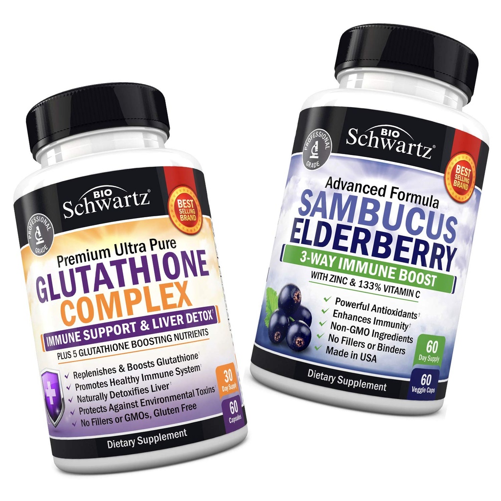 Glutathione Complex with Milk Thistle Extract, Vitamin C & Quercetin + Sambucus Elderberry Capsules with Zinc & Vitamin C - Natural Antioxidant Formulas - Promotes Liver & Immune Support