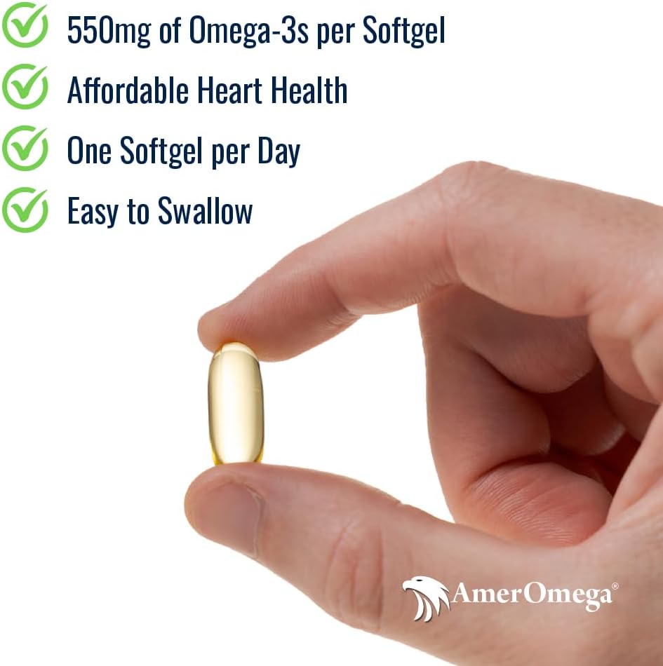 Αμέρ Ωμέγα Τριγλυκερίδιο Ωμέγα-3 Fish Oil for Heart Health Support - Wild-Caught Alaska Walleye Pollock - American-Sourced, American-Made - Μη ΓΤΟ, Χωρίς γλουτένη & Γαλακτοκομικά - 60 Softgels
