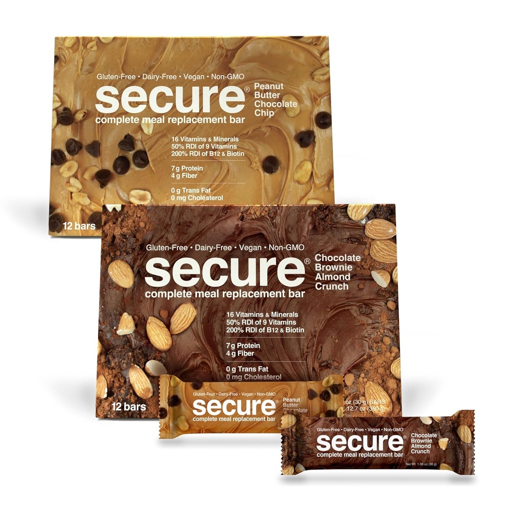 ANDREW LESSMAN Secure Complete Meal Replacement Bars - 7g Vegan Protein Bars. Ινουλίνη Fiber. Χαμηλή θερμίδα, γλουτένη και χωρίς γαλακτοκομικά 24, συσκευασία ποικιλίας: σοκολάτα Brownie και τσιπ σοκολάτας φυστικοβούτυρο)