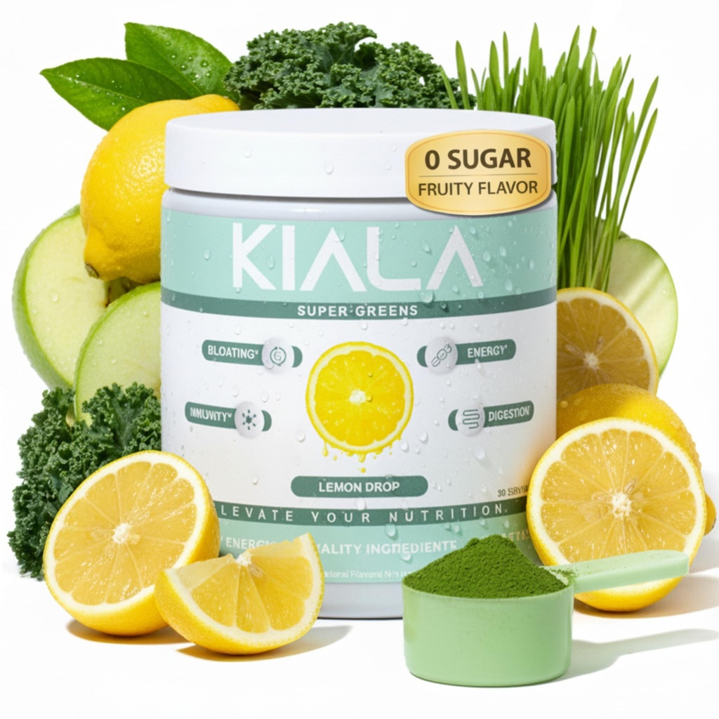 Kiala Nutrition Super Greens, Organic Greens Powder with Spirulina & Chlorella for Digestion, Gut Health, Immunity, Adaptogens, Energy, Gluten Free, Vegan, Sugar Free, Lemon Drop, 30 Servings