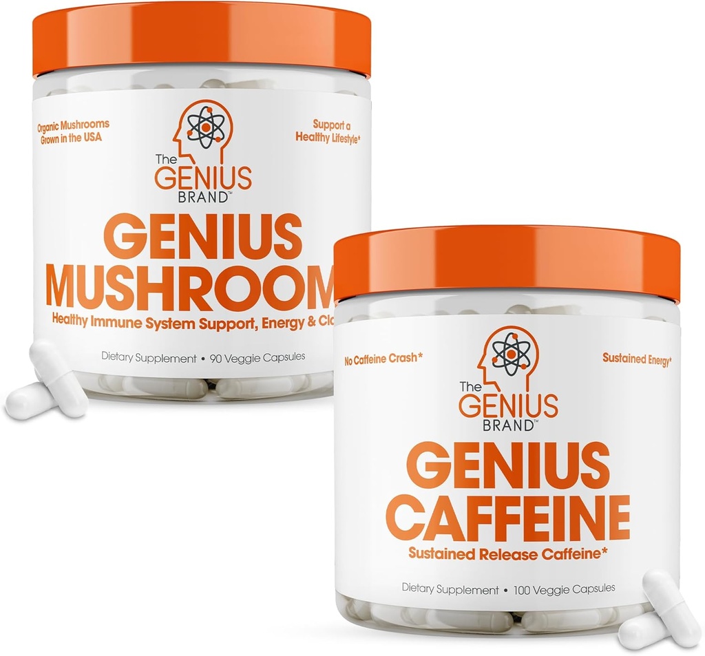The Genius Brand - Genius Mushroom and Caffeine Supplement Bundle - Lion's Mane, Reishi and Cordyceps - Παρατεταμένη απελευθέρωση καφεΐνη