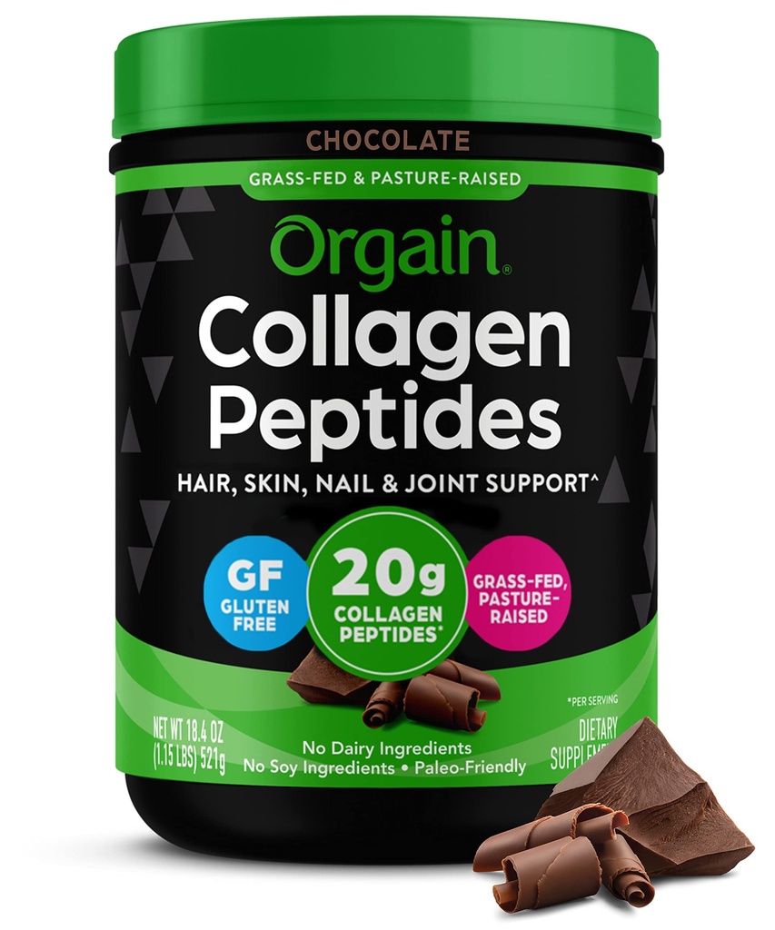 Orgain Hydrolyzed Collagen Peptides σκόνη για γυναίκες & άνδρες, σοκολάτα, 20g Grass Fed Collagen - μαλλιά, δέρμα, νυχιών, & από κοινού συμπλήρωμα υποστήριξης, Παλαιό & Κέτο, μη GMO, τύπου I και III, 1lb