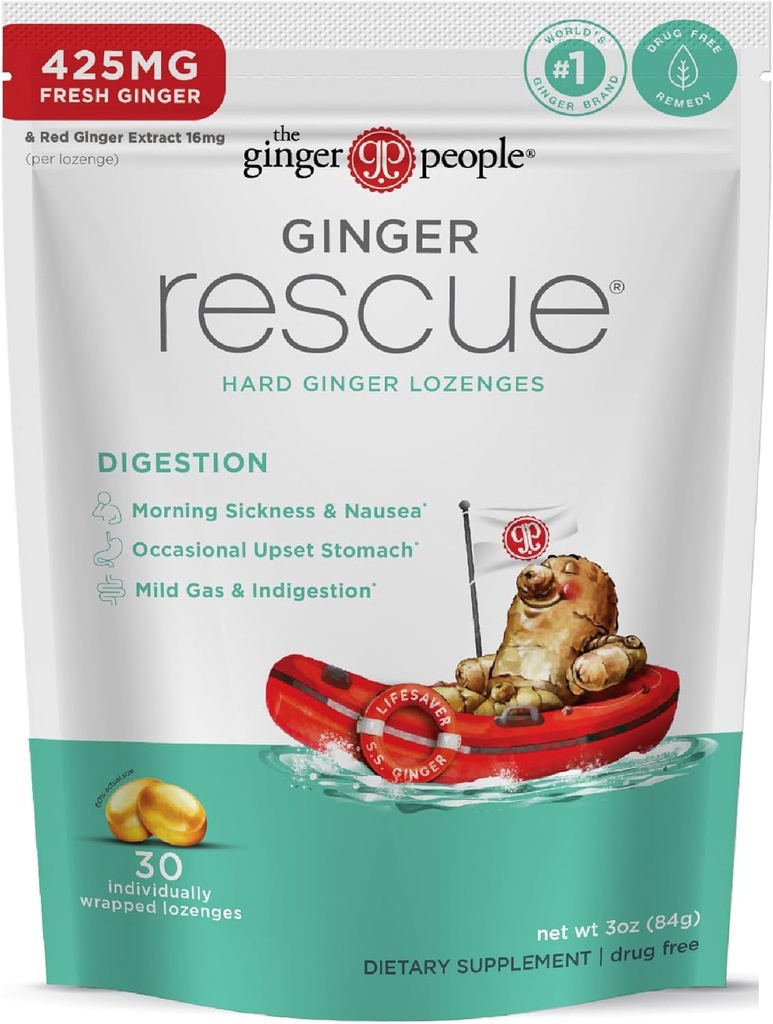 The Ginger People Ginger Rescue Digestive Wellness Lozenges (Hard) | Regular Strength - 425mg | Morning Sickness, Nausea, Upset Stomach, Mild Gas & Indigestion, 30 Count (Pack of 1)