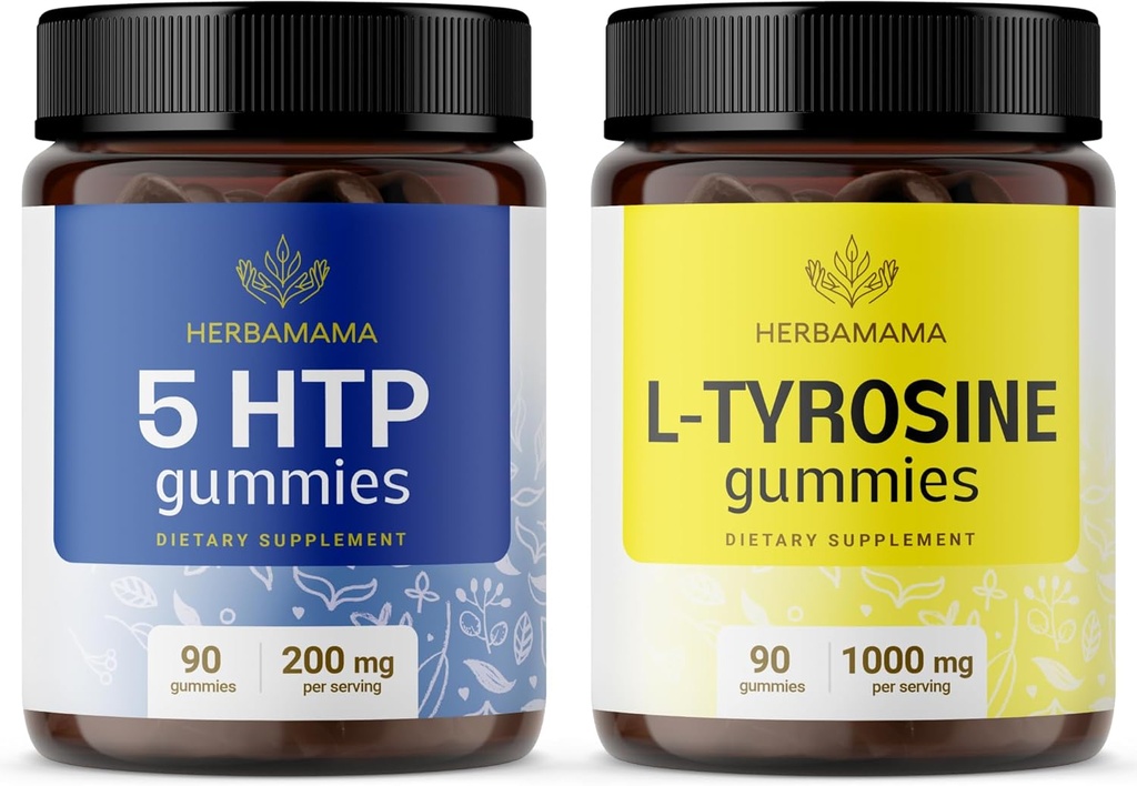 HERBAMAMA L-Tyrosine and Brain Support Kit - Bundle 200 mg 5- HTP & 1000 mg L-Tyrosine Gummies - Vegan, Non-GMO, Gelatin-free - 2 Pack