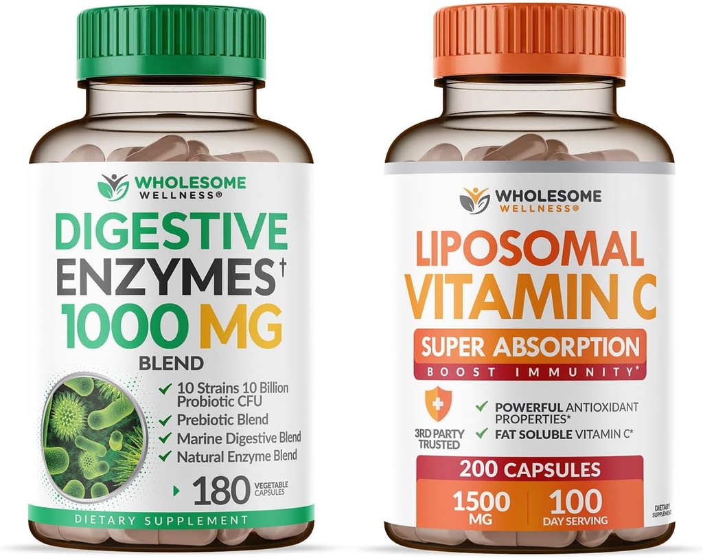 Υγιής Ευεξία Digestive Ένζυμα 1000MG Plus Πρεβιοτικά & Προβιοτικά + Liposomal Vitamin C Κάψουλες (200 χάπια 1500mg Buffered) Bundle