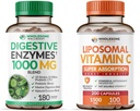 Υγιής Ευεξία Digestive Ένζυμα 1000MG Plus Πρεβιοτικά & Προβιοτικά + Liposomal Vitamin C Κάψουλες (200 χάπια 1500mg Buffered) Bundle