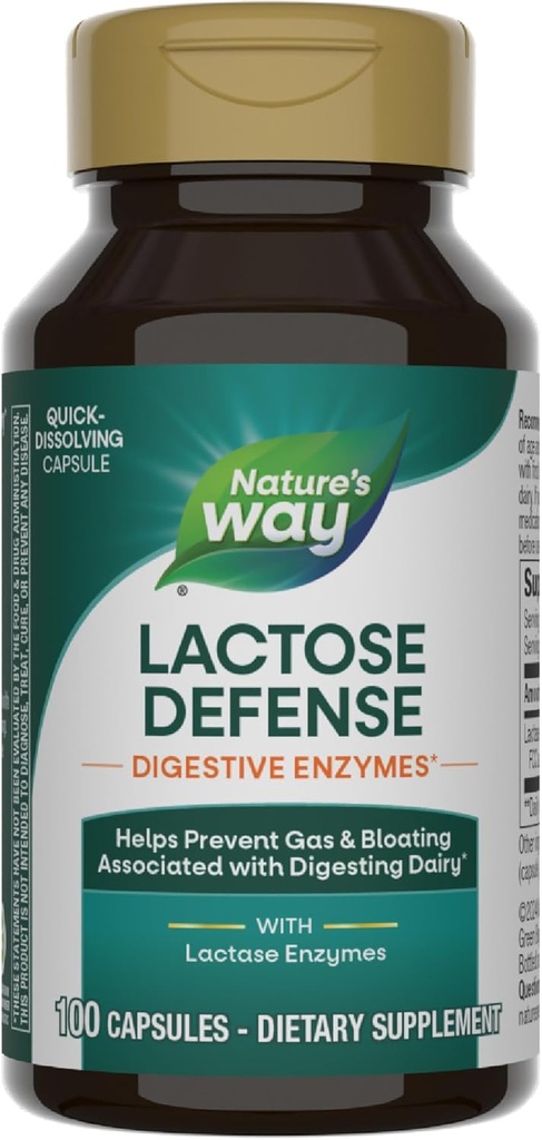 Nature's Way Lactose Defense, Digestive Enzymes*, Supports The Digestion of Dairy*, 690 mg lactase per 3-Capsule Serving, 100 Capsules (Packaging May Vary)