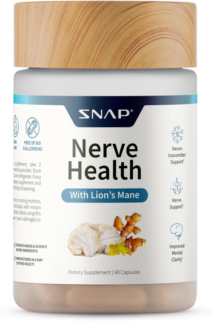 Snap Supplements Nerve Health Support with Lion’s Mane, Organic Turmeric & Herbs – Supports Mental Clarity, Memory, Focus & Nerve Function – 60 Capsules