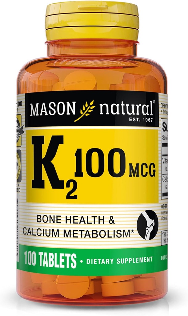 MASON ΦΥΣΙΚΗ βιταμίνη K2 100 mcg με ασβέστιο, υποστηρίζει την υγεία των οστών, της καρδιάς και των μυών, 100 δισκία