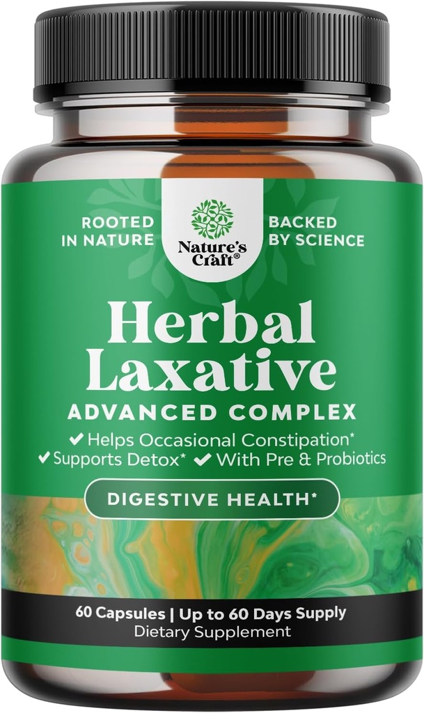Herbal Laxative Capsules with Probiotics – Natural Laxatives for Constipation with Senna Leaf, Psyllium, Aloe Vera – Colon Cleanse for Women & Men - Detox for Gut Health & Weight Management – 60 Ct
