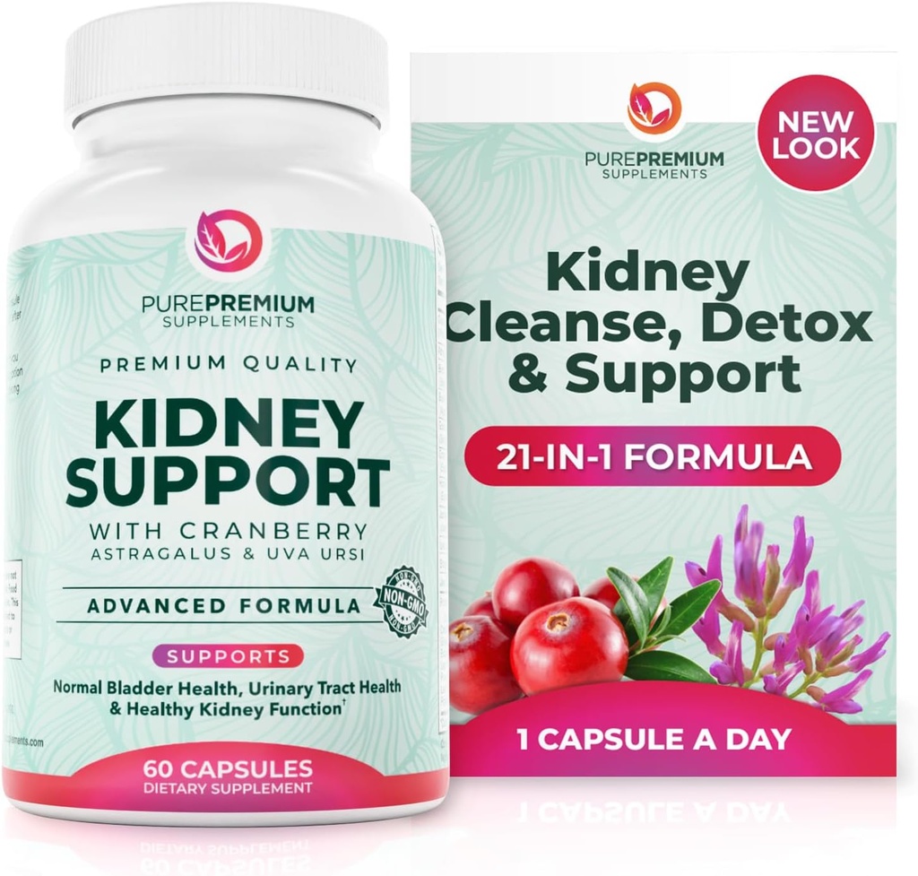 PurePremium Kidney Support Supplement – Kidney Cleanse Detox & Repair with Cranberry Extract & Astragalus - 21-in-1 Complex Supports Normal Bladdder, Urinary Tract & Kidneys Health - 60 Day Supply