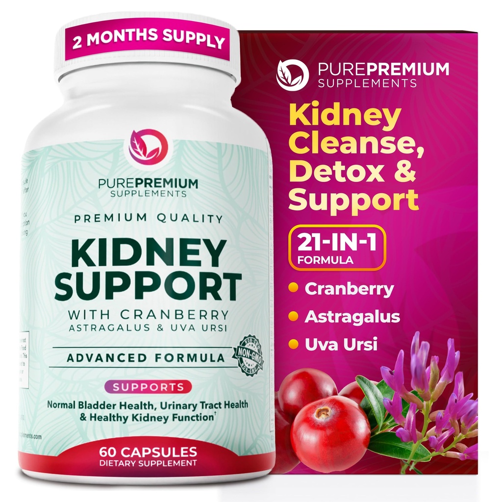 PurePremium Kidney Support Supplement – Kidney Cleanse Detox & Repair with Cranberry Extract & Astragalus - 21-in-1 Complex Supports Normal Bladdder, Urinary Tract & Kidneys Health - 60 Day Supply
