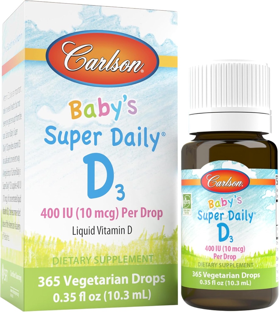 Carlson - Baby's Super Daily D3, Baby Vitamin D D D D D σταγόνες, 400 IU (10 mcg) ανά Σταγόνα, 1-Ετος Προμήθεια, Χορτοφαγική, Υγρή Βιταμίνη D για Βρέφη και Τοντλερς, Χωρίς άρωμα, 365 σταγόνες