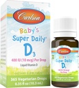Carlson - Baby's Super Daily D3, Baby Vitamin D D D D D σταγόνες, 400 IU (10 mcg) ανά Σταγόνα, 1-Ετος Προμήθεια, Χορτοφαγική, Υγρή Βιταμίνη D για Βρέφη και Τοντλερς, Χωρίς άρωμα, 365 σταγόνες