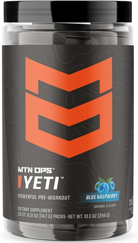 MTN OPS Yeti Trail Packs Pre-Workout Powder Energy Drink with Creatine, 200mg καφεΐνη & BCAAs με Beta Alanine, 20-Single Services, Blue Raspberry