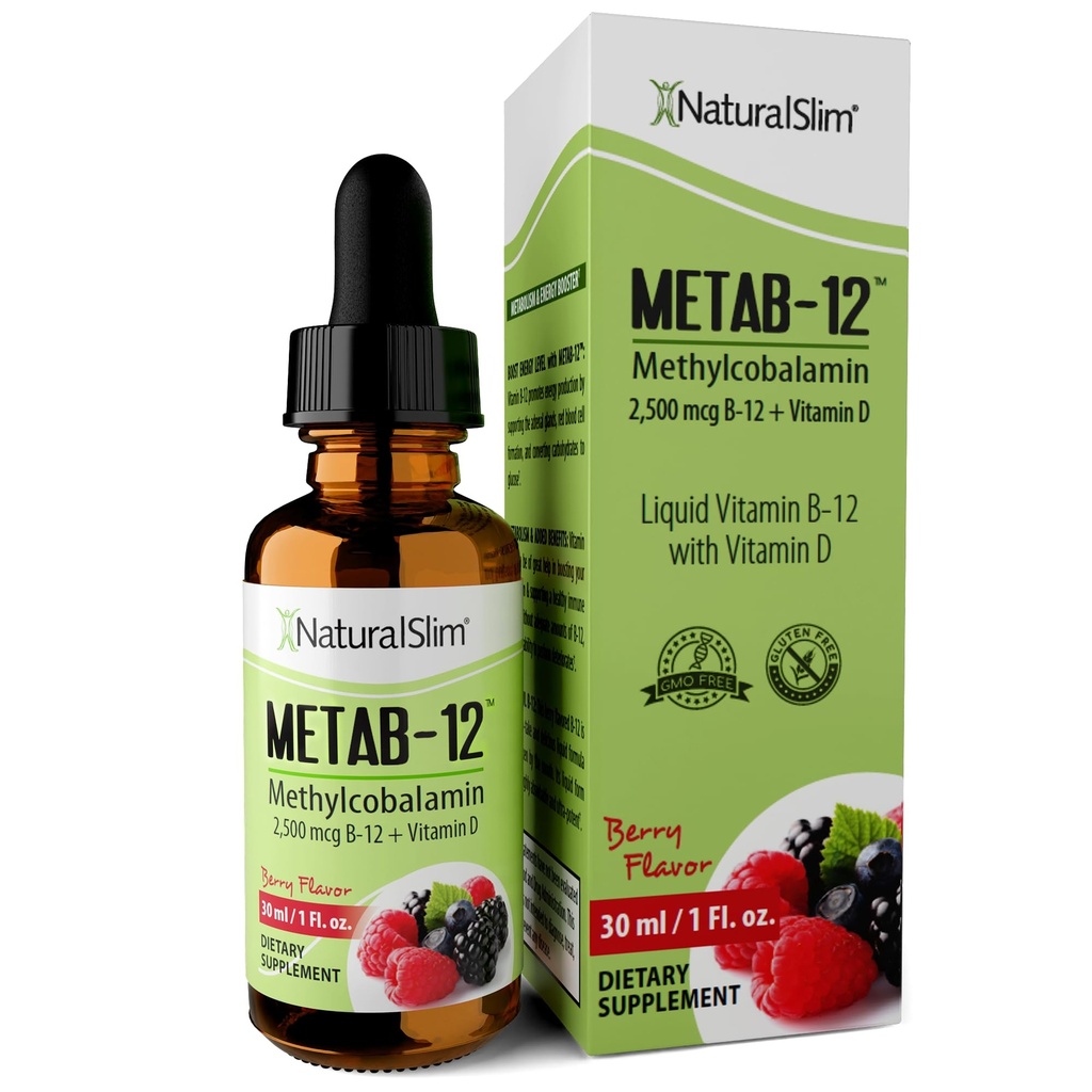 NaturalSlim Liquid B12 Βιταμίνες με Βιταμίνη D - Metab-12 Methylcobalamin 2500 mcg B12 Υπογλώσσιες σταγόνες για Μεταβολισμό, Ενέργεια, & Ανοσολογική Υποστήριξη - Berry Flavor 1 fl oz