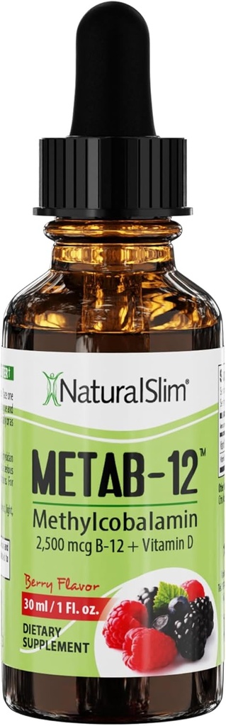 NaturalSlim Liquid B12 Vitamins with Vitamin D - Metab-12 Methylcobalamin 2500 mcg B12 Sublingual Drops for Metabolism, Energy, & Immune Support - Berry Flavor 1 fl oz