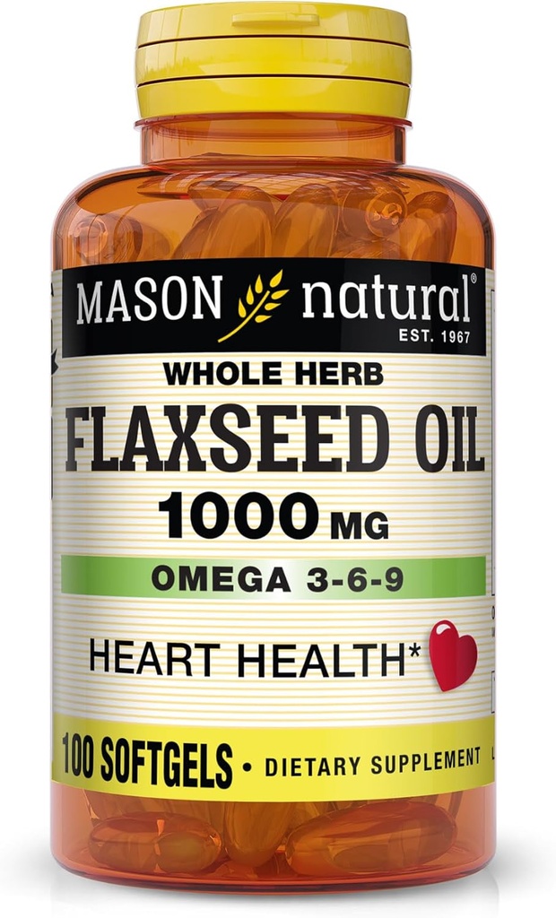 MASON ΦΥΣΙΚΟ έλαιο λιναρόσπορου 1000mg – Ωμέγα 3-6-9 Softgels για την υγεία της καρδιάς – Cold-Pressed ολόκληρο συμπλήρωμα βοτάνων – Χωρίς γλουτένη, μη ΓΤΟ, 100 Softgels