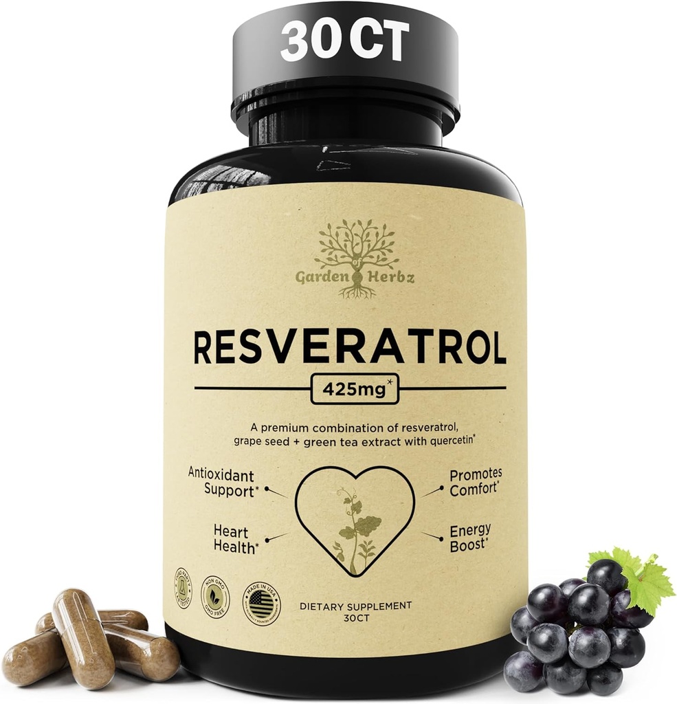 Quercetin & Resveratrol συμπλήρωμα με σπόρους σταφυλιών – 425mg βοτανικό αντιοξειδωτικό & υποστήριξη ευεξίας – Πολυφαινόλες & θρεπτικό μείγμα για τη γενική υγεία, 30Ct