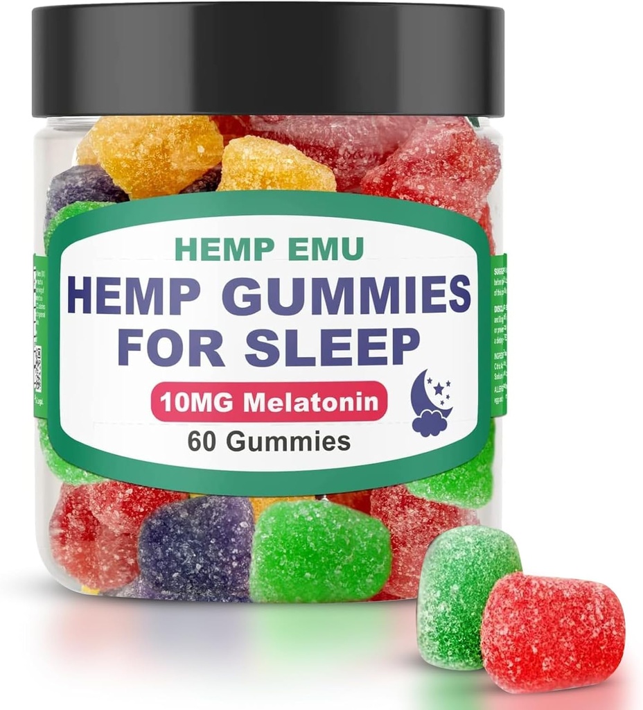 Hemp Emu Hemp Gummies for Sleep - Fall Asleep Γρηγορότερα, Stay Asleep Longer - 10mg Μελατονίνη + Premium εκχύλισμα κάνναβης, 2 Gummies Per Serving - 60 Count Fruit Flavored Gummies