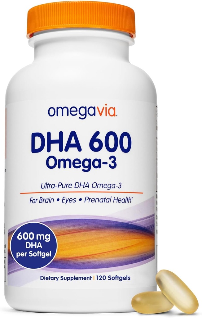 OmegaVia DHA 600 mg, Ultra Pure Omega-3 DHA Συμπληρώματα για τον εγκέφαλο και τα μάτια, DHA Προγεννητικές Βιταμίνες για τις γυναίκες, Burpless Fish Oil Omega 3, IFOS Tested, 120 Softgels