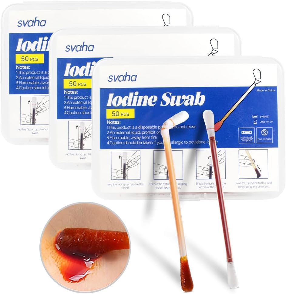 Povidone Iodine Swabs - 150 Sterile Iodine Swabsticks, Ατομικά Στριφτά Βαμβάκι Swabs, Λύση που συμπληρώνεται για τον καθαρισμό πληγών, Πρώτες Βοήθειες, Ταξίδια