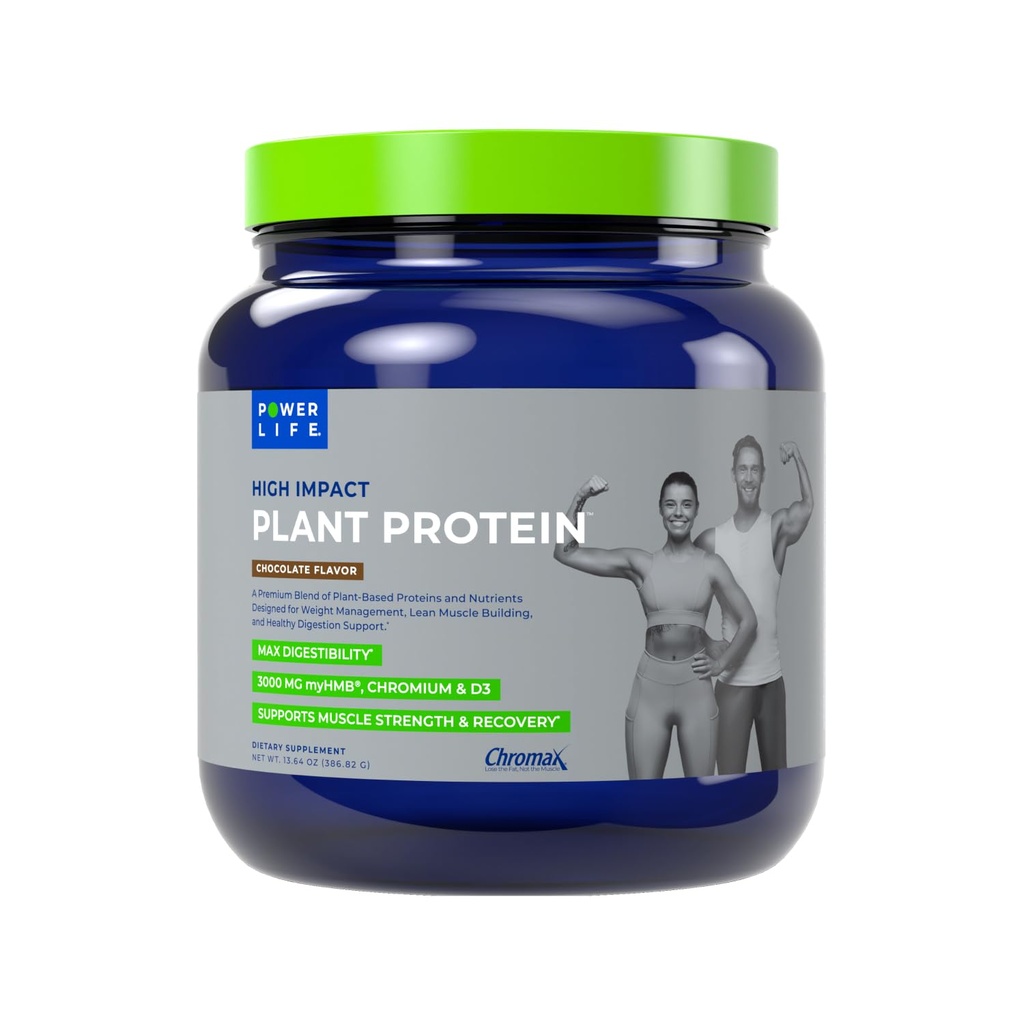 POWERLIFE High Impact Plant Protein Powder with 3000 MG of HMB, Plant-Based, No Sugar Added, Vegan, Keto Friendly, Non-GMO (Chocolate - New Formula)