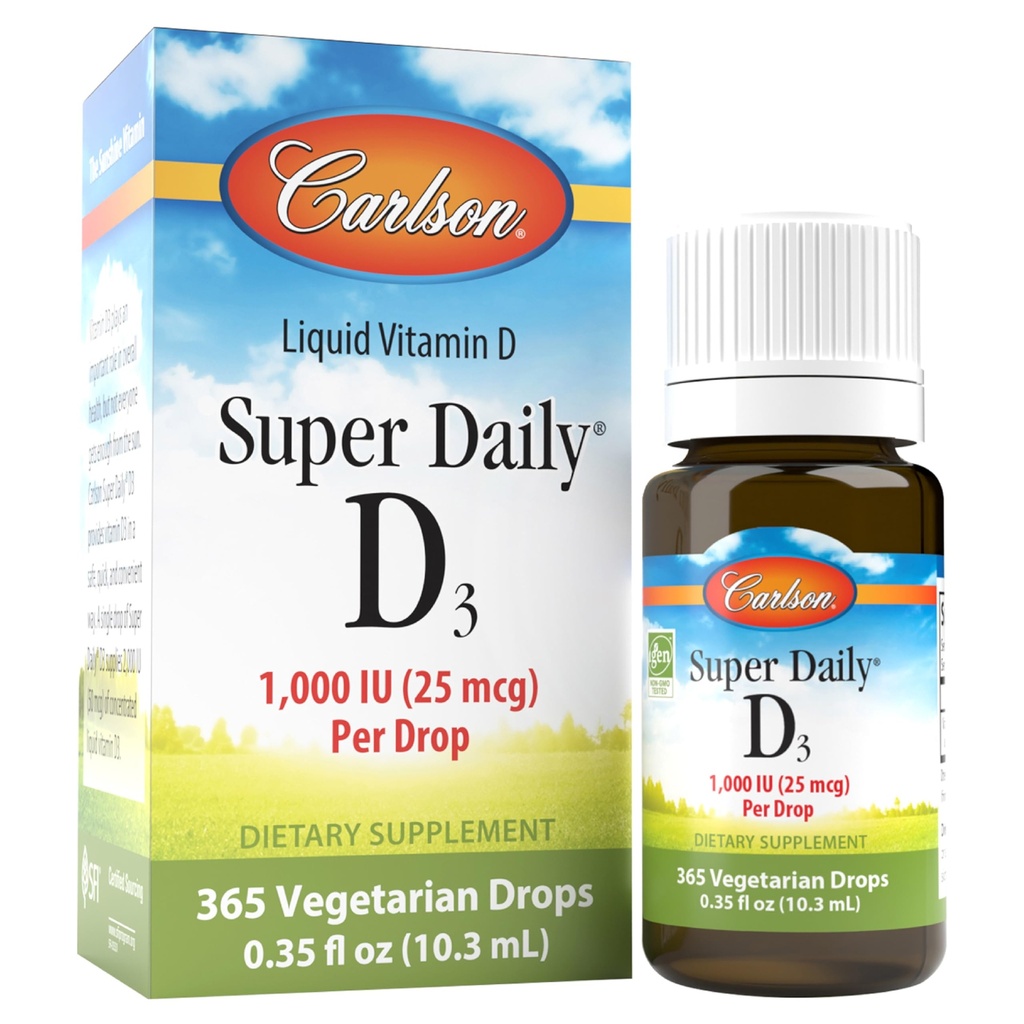 Carlson - SuperDaily D3, σταγόνες βιταμίνης D, 1.000 IU (25 mcg) ανά Σταγόνα, 1-Ετος Προμήθεια, Βιταμίνη D3 Υγρή, Καρδιά & Ανοσοποιητική Υγεία, Χορτοφαγική, Υγρή Βιταμίνη D3 σταγόνες, Άγευστη, 365 σταγόνες